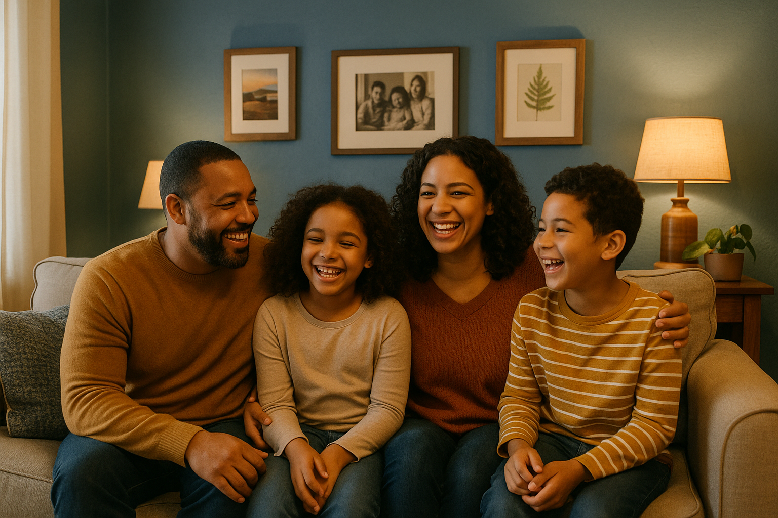 necesito que me crees una imagen de una familia, en una casa calida y feliz, con paredes azules